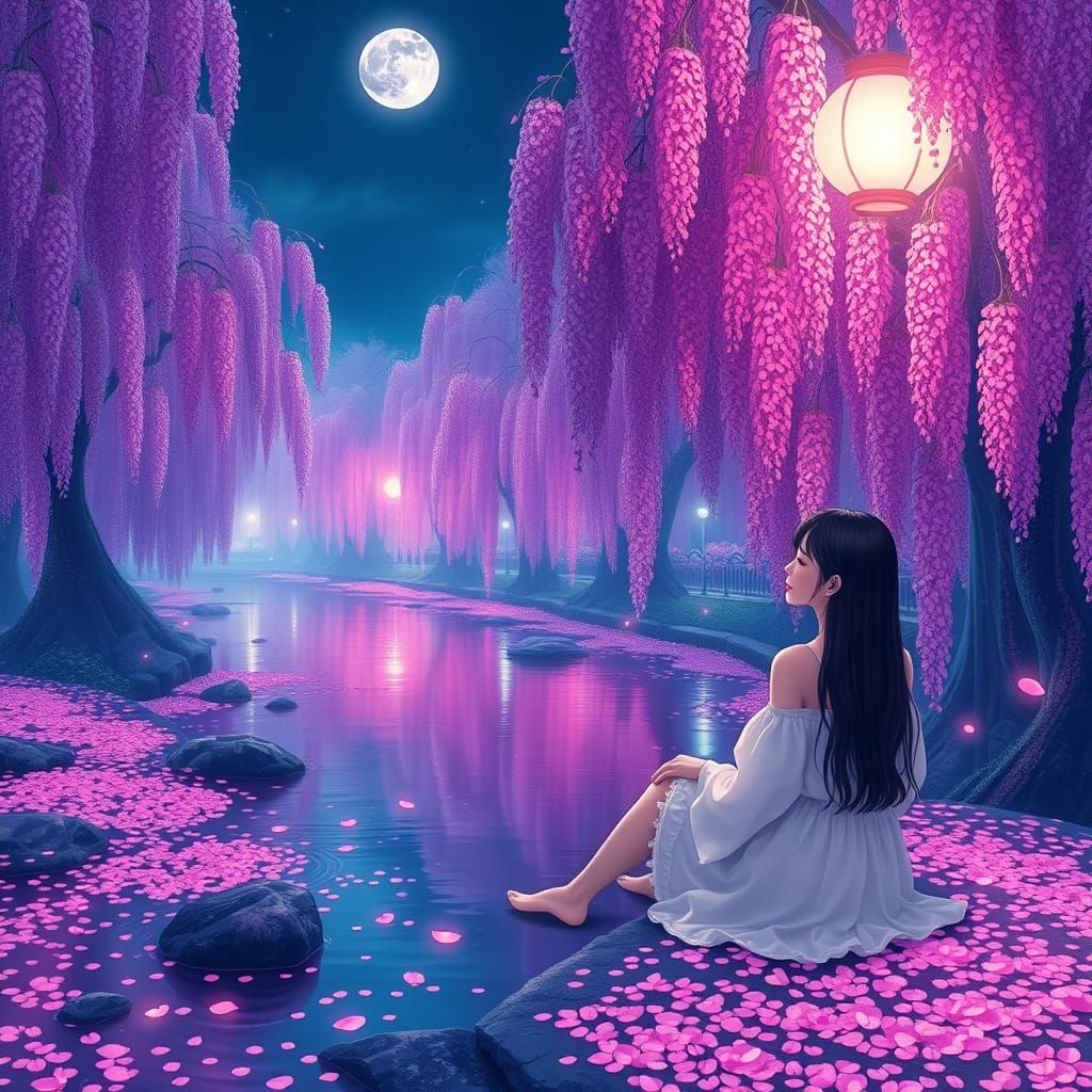 Serene Woman by Wisteria River: Japanese Style