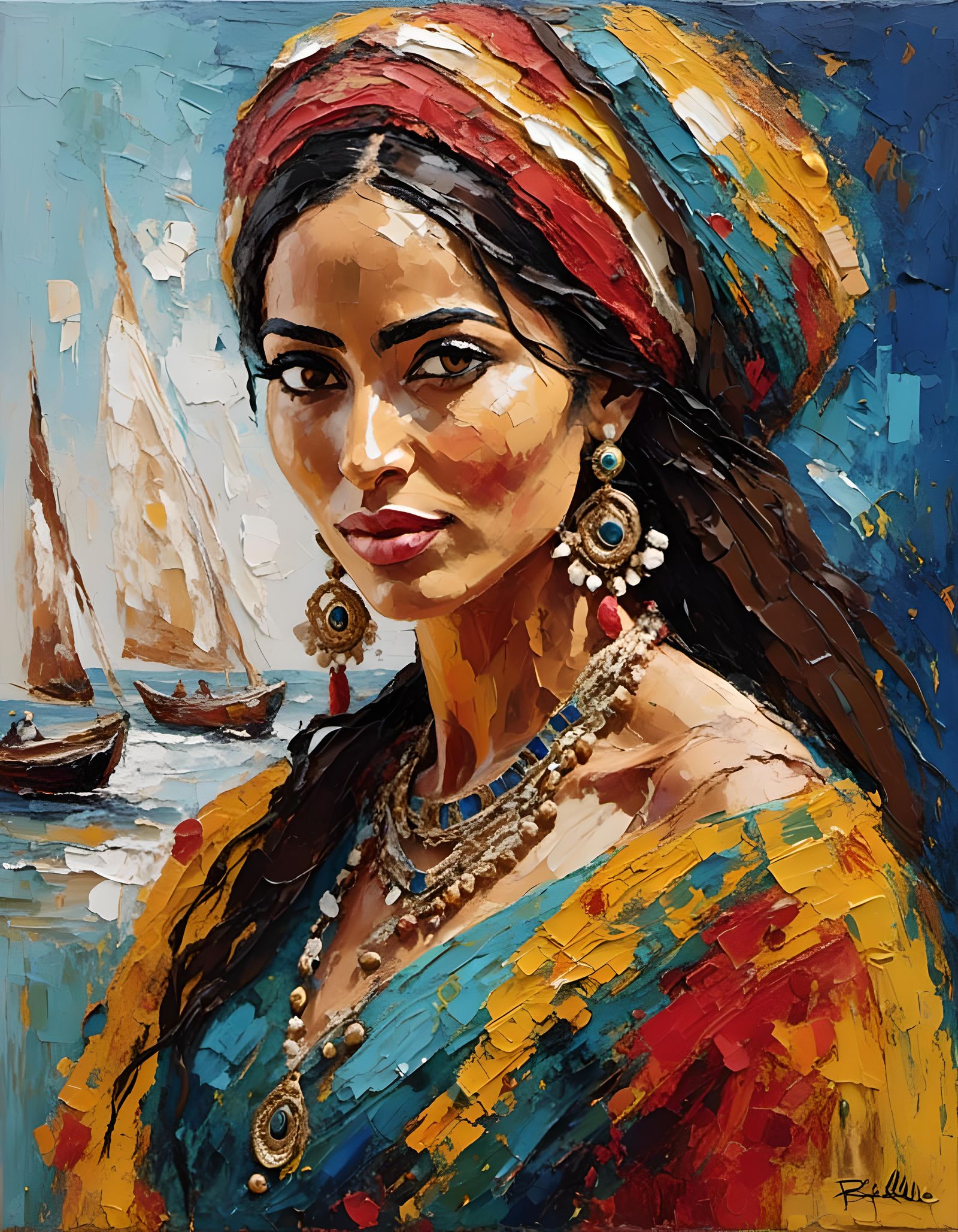 Palestinian Woman: Impasto Portrait in Neo-Impressionist Sty...