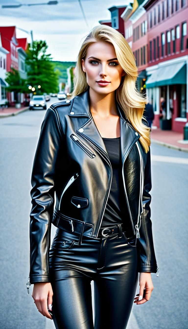 Realistic Blond Woman in Leather in Maine Town