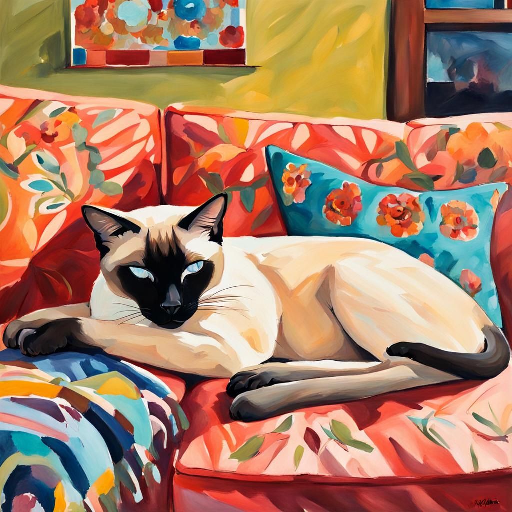 Siamese Cat Nap: Gouache Painting with Boho Decor