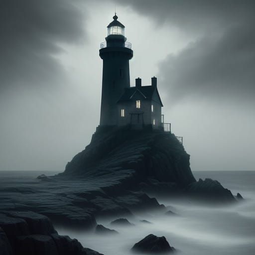 Eerie Lighthouse Stands Alone on Rocky Coastline in Dark Rom...