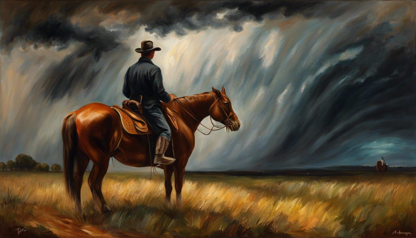 Rancher and Cattle Under Approaching Thunderstorm