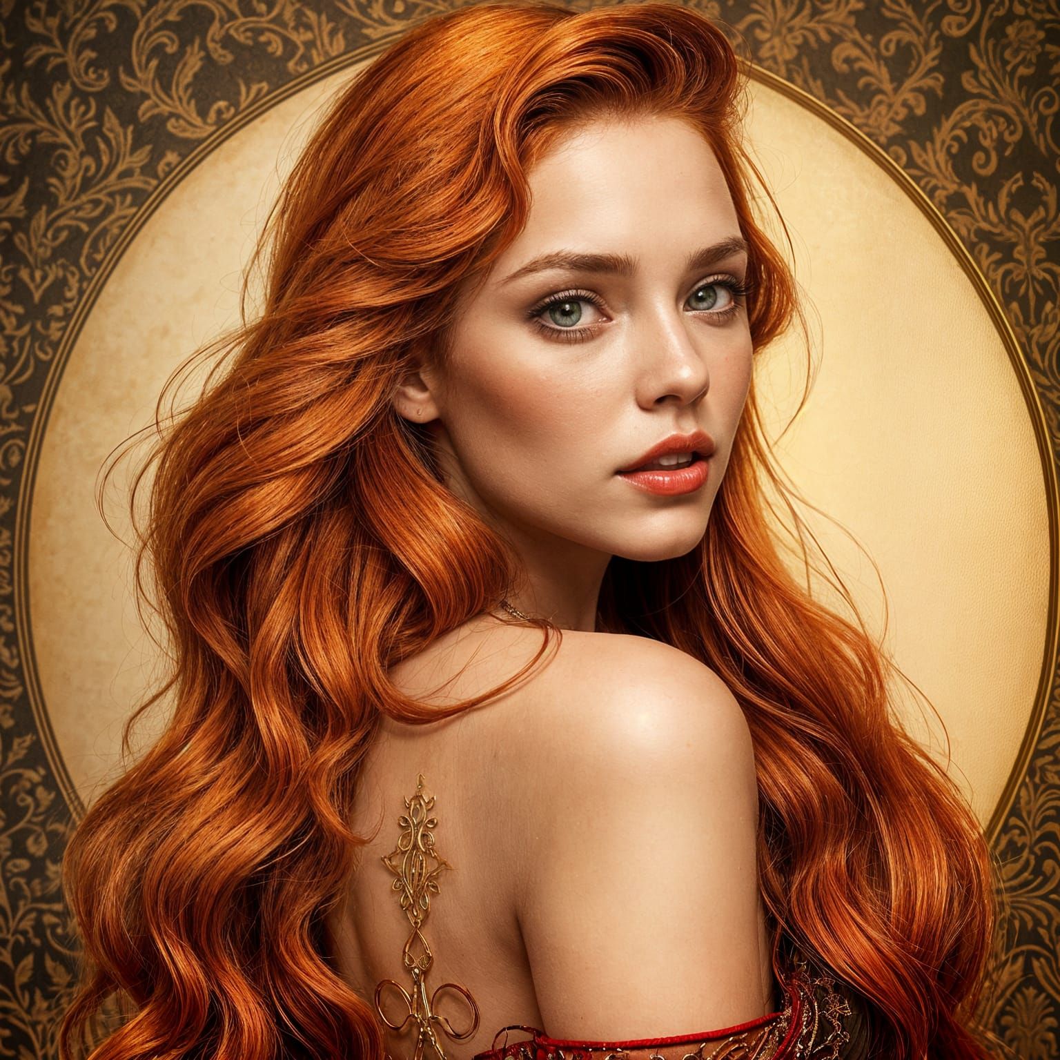 Sensuous Woman with Long Honey-Red Hair