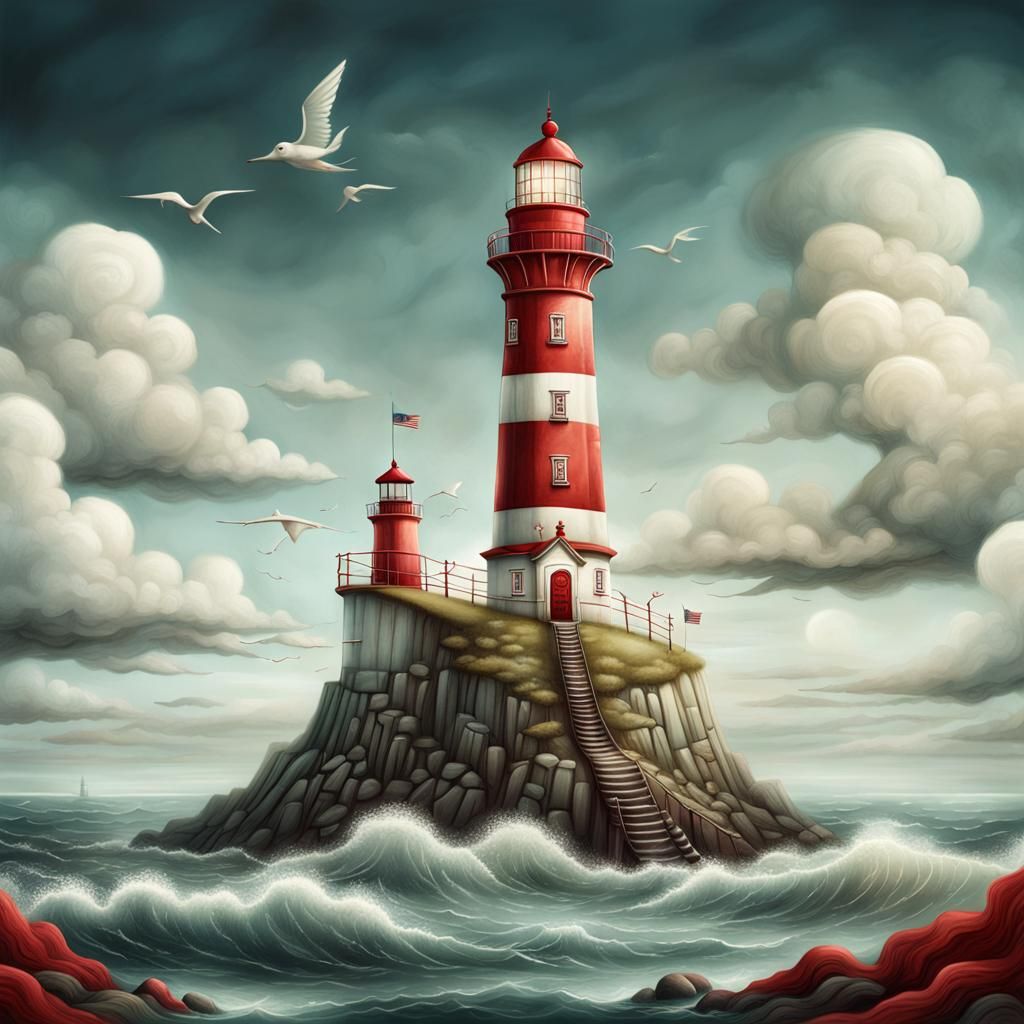Humorous Lighthouse Scene in Naive Digital Art Style