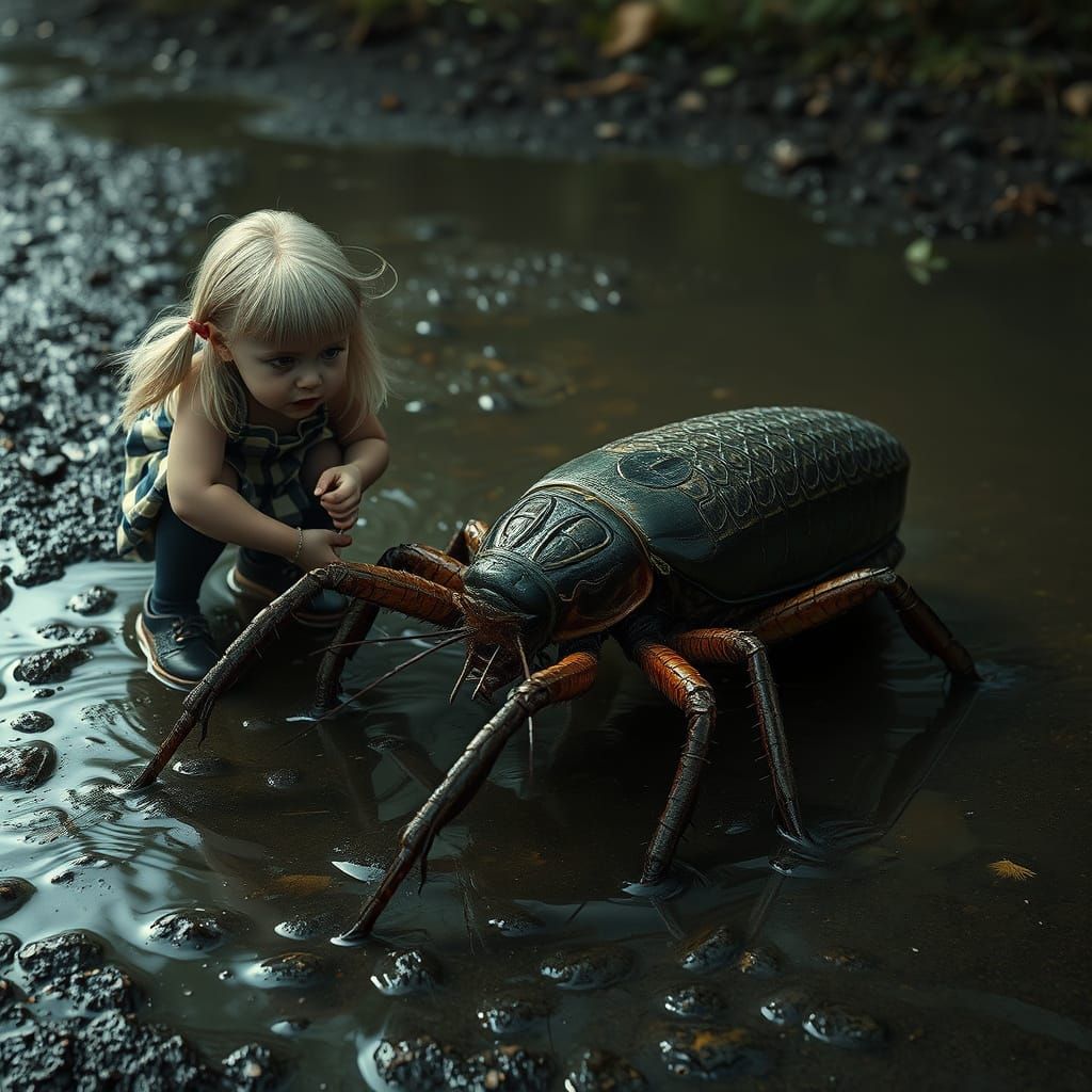 Gigantic Mole Cricket Encounters Curious Young Girl in Murky...