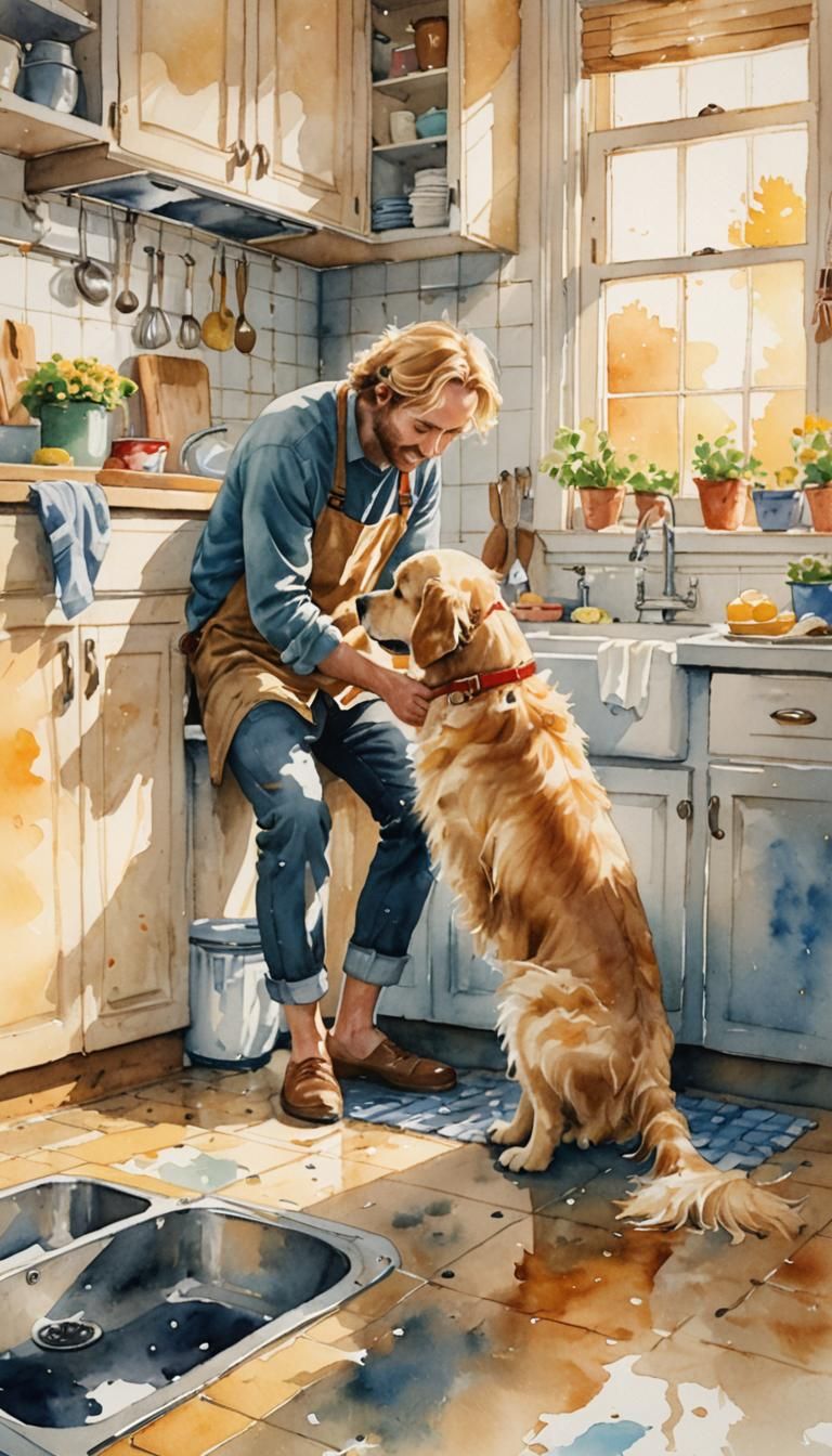 Whimsical Watercolor Scene of Man and Dog