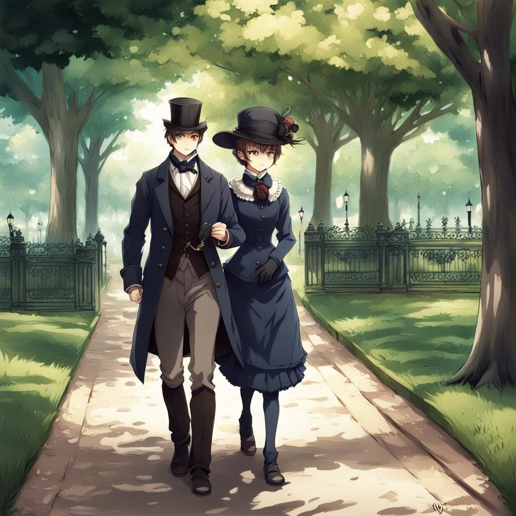 Victorian Couple Stroll in Anime Style