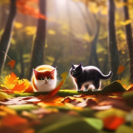 Kawaii Anime Cats in Autumn Forest Scene