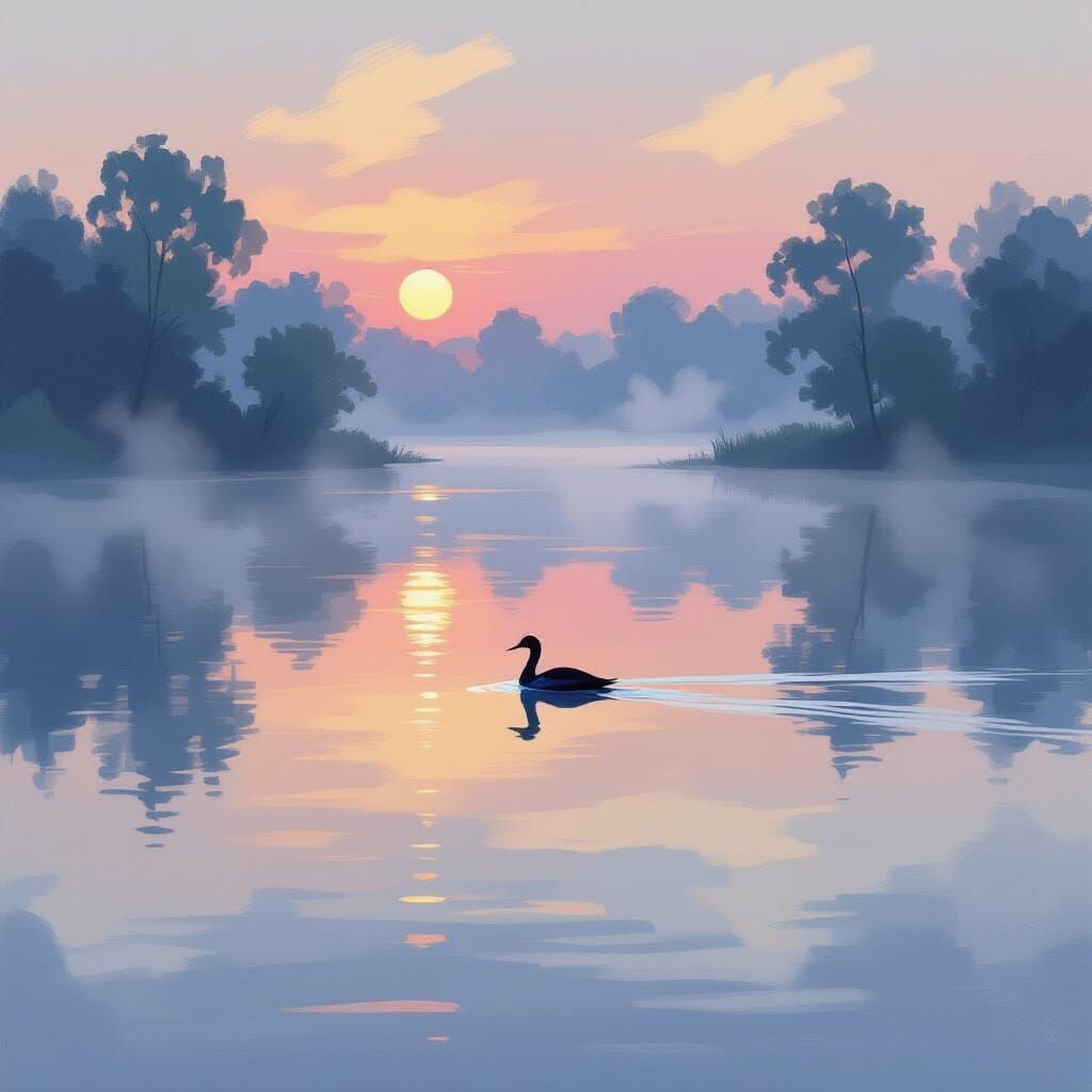 Water Bird on Mist-Covered Lake: Impressionist Style
