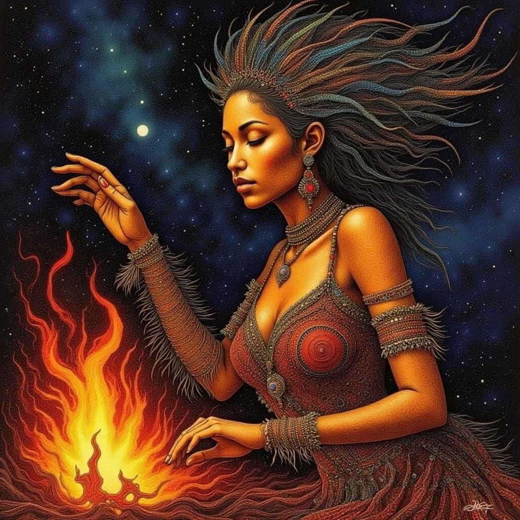 A tan skinned indigenous woman dancing by the bonfire at night. Extraordinary intricate details Fine line String Art tap...