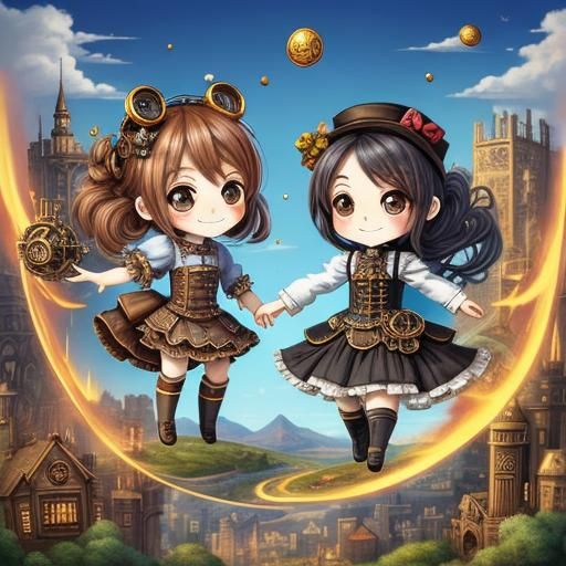 Chibi Character with Steampunk Engine and Breathtaking Views