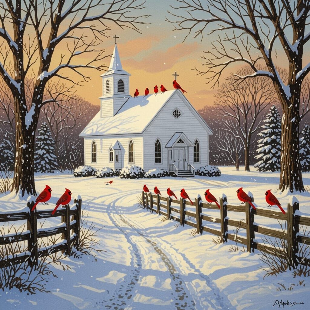 Winter Church Scene with Cardinals, Americana Style