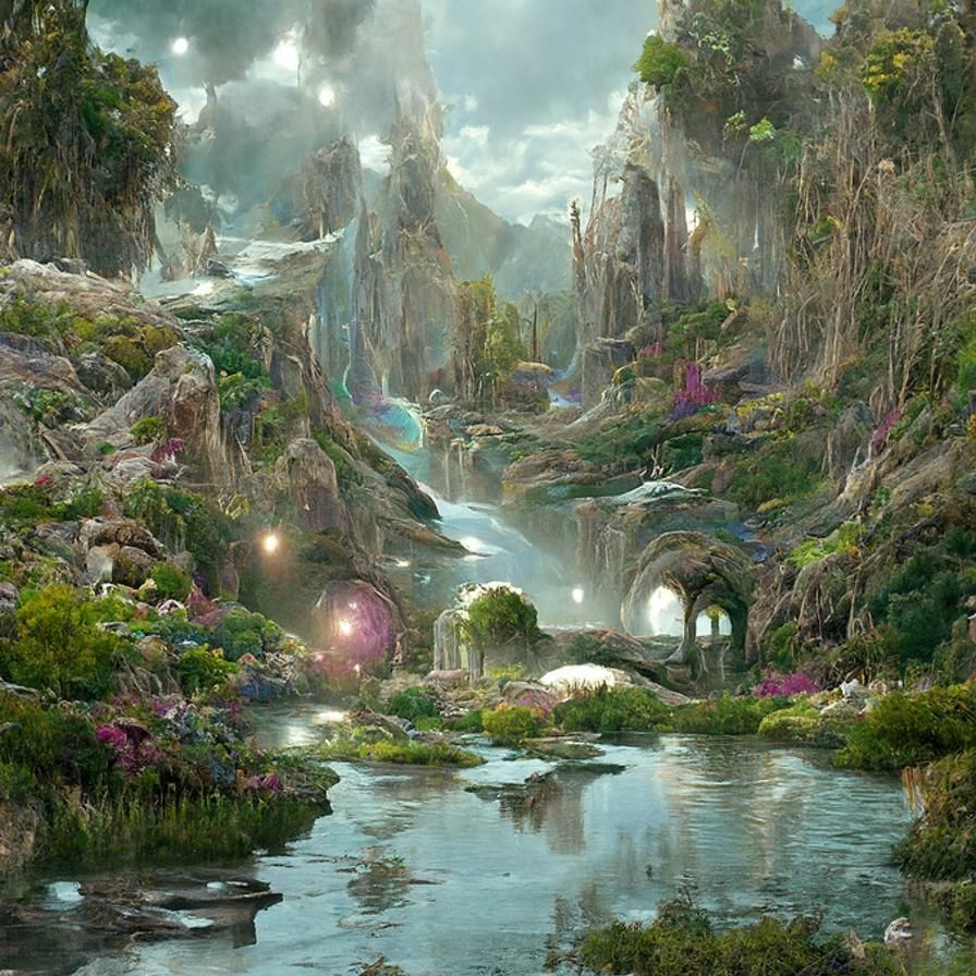 Iridescent Alien Landscape with Celestial Temple