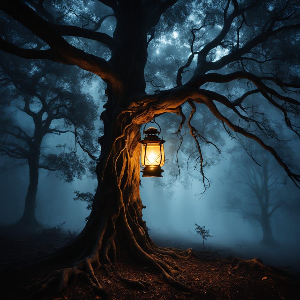 Ethereal Lantern Illuminates Dark Landscape in a Gothic Styl...
