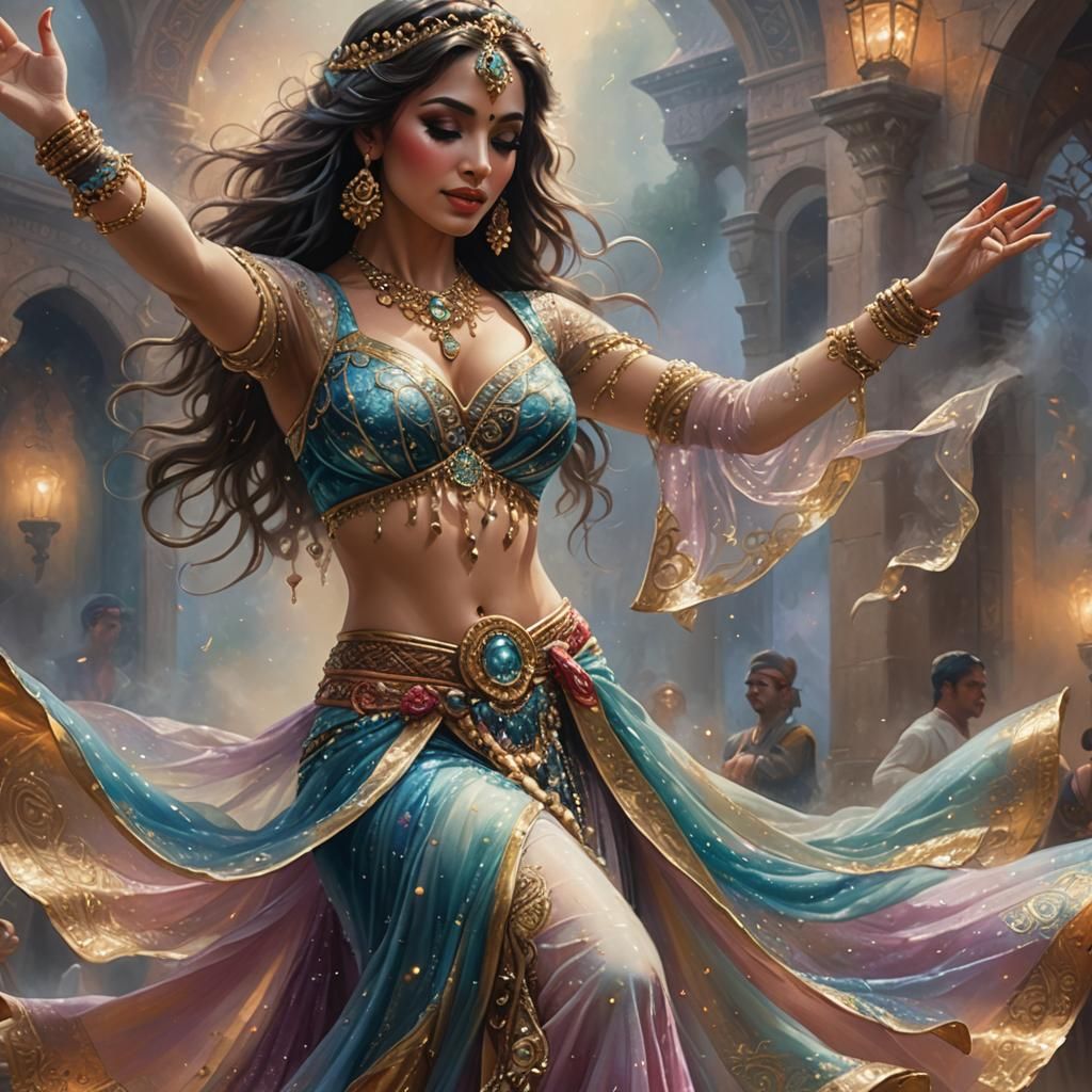 A shallow depth shot of a female belly dancer dancing wearing fantasy clothes