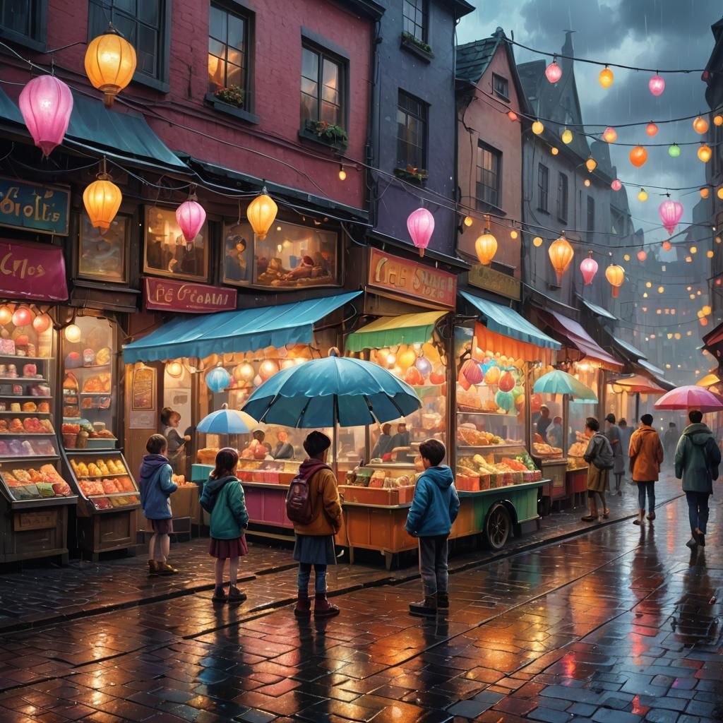 Magical Rainy Day: Children at Street Stalls