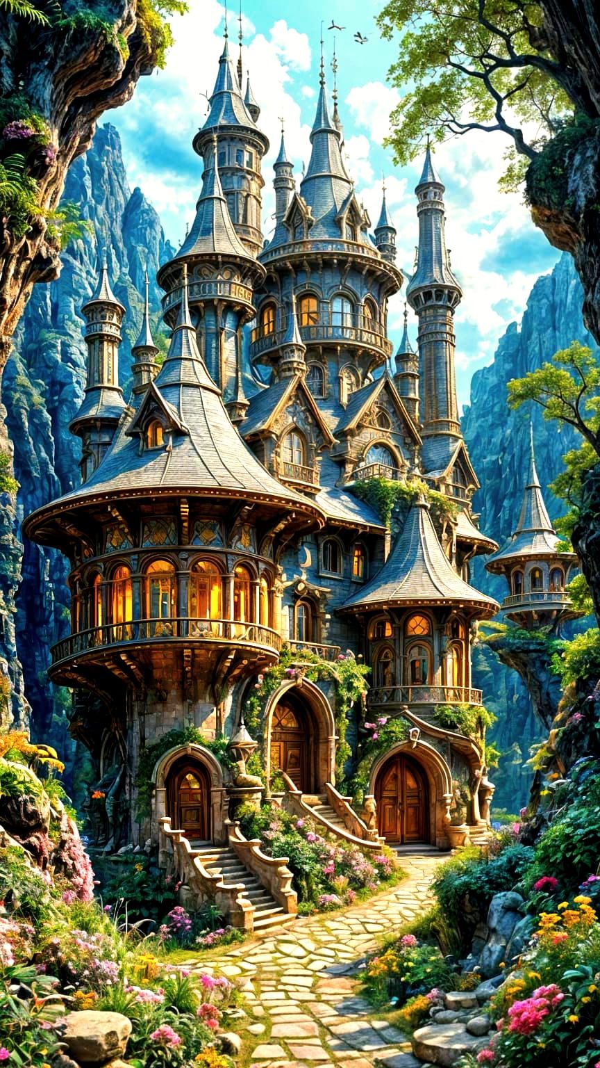 Maximalist Fantasy Landscape with Elven Cottages