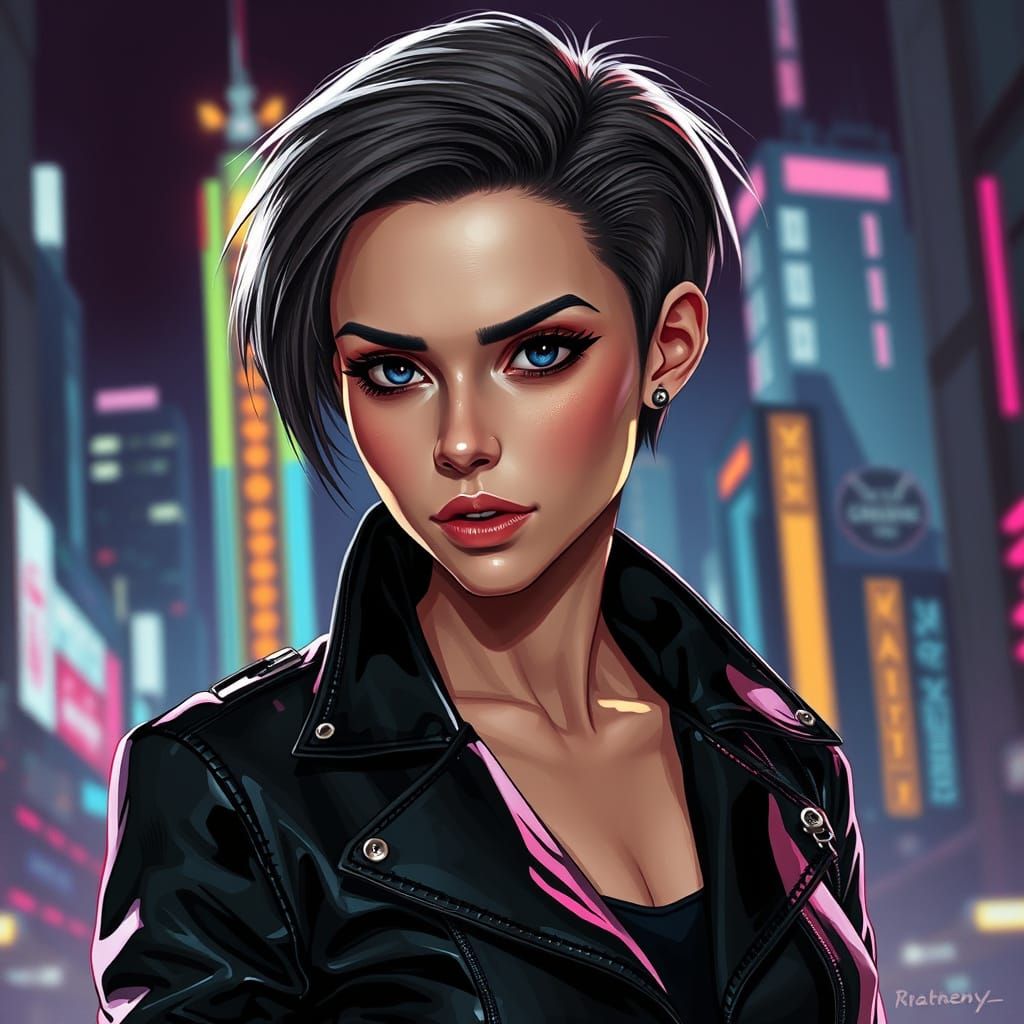 Cyberpunk Woman in Neon Cityscape Style