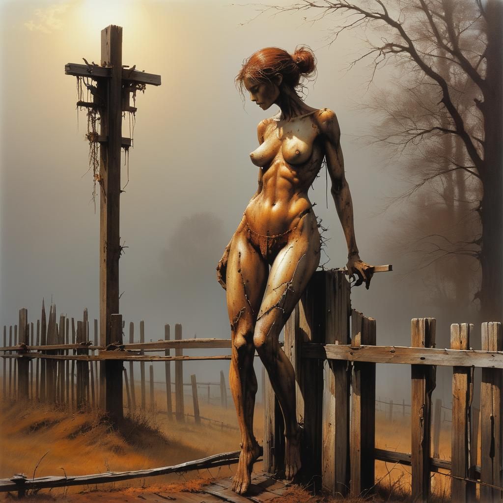 Rusted Metal Woman Sculpture in Barnyard Scene