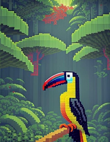 Detailed Toucan Bird in Jungle Pixel Art