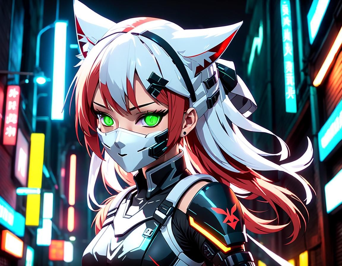 Cyberpunk Ninja Girl with Oni Mask in Dark Alley