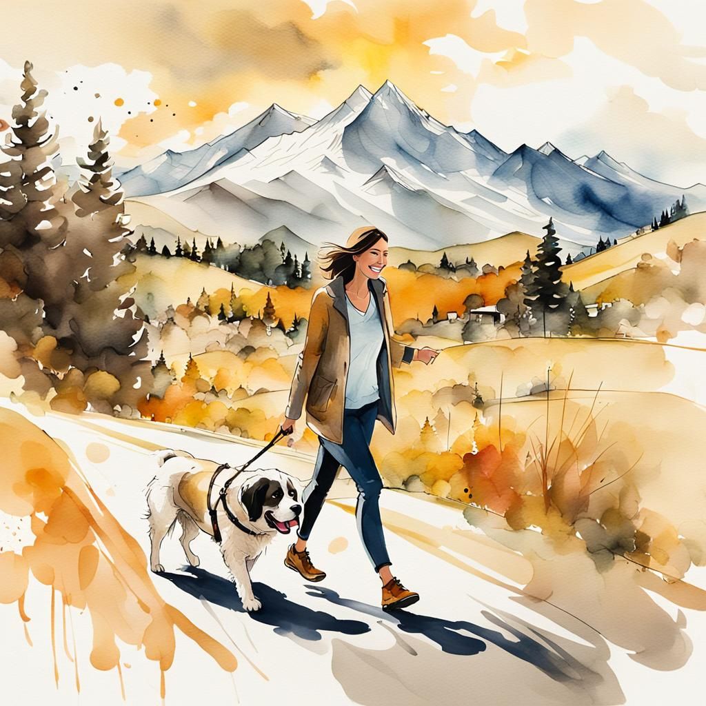 Woman and St. Bernard in Denver: Ink Wash Art