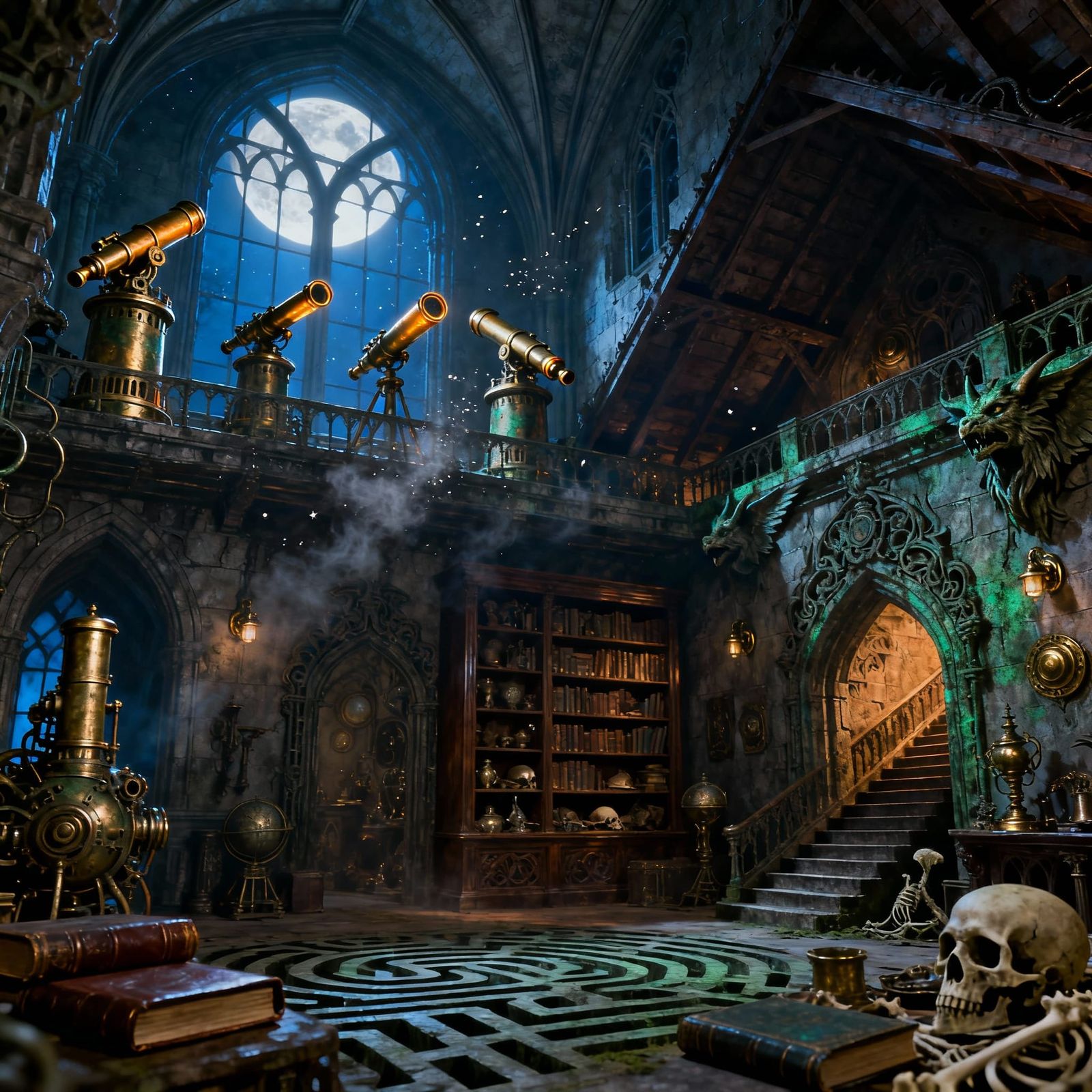 Gothic Mansion Room With Telescopes and Secret Attics