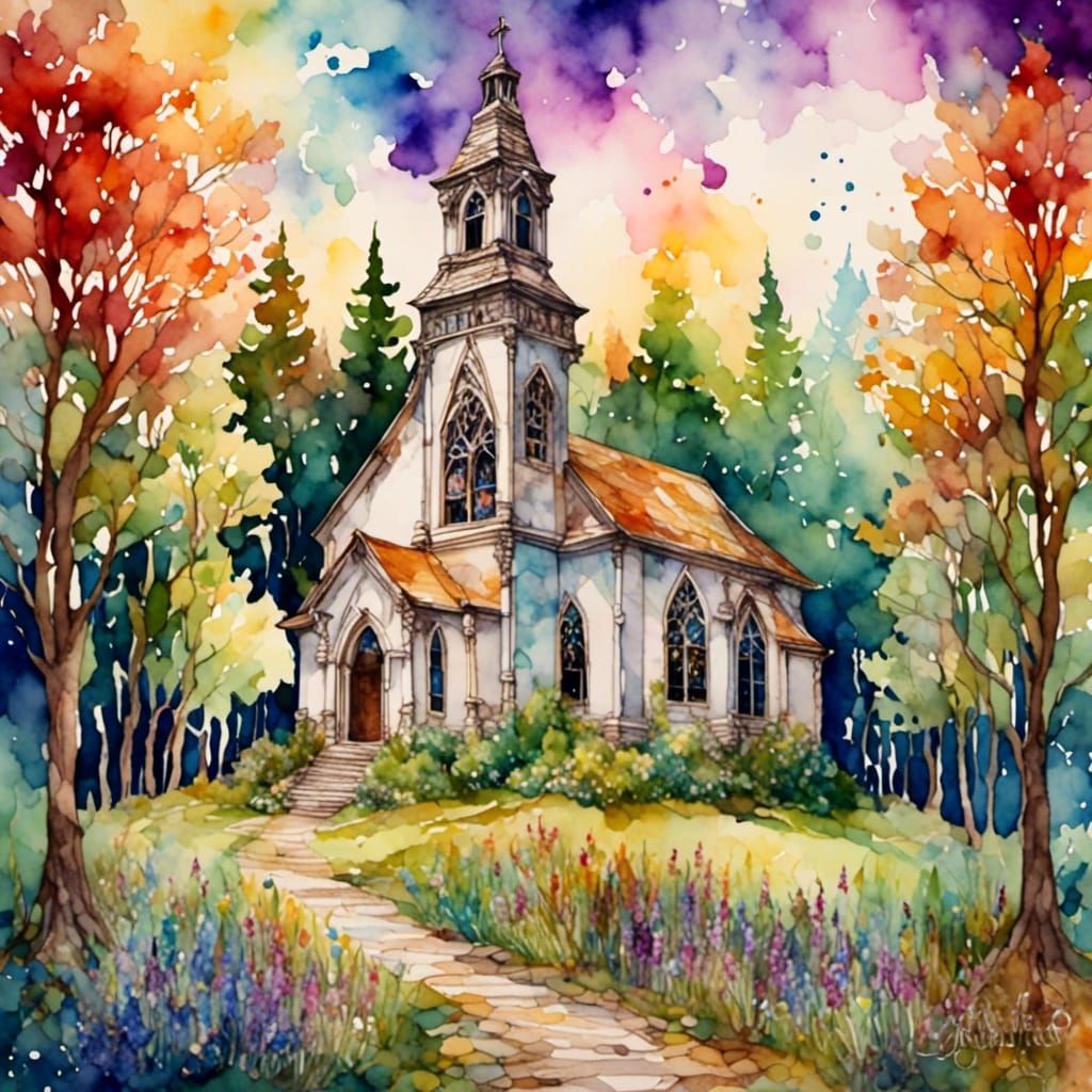 Country Church in Woods: Art Nouveau Alcohol Ink