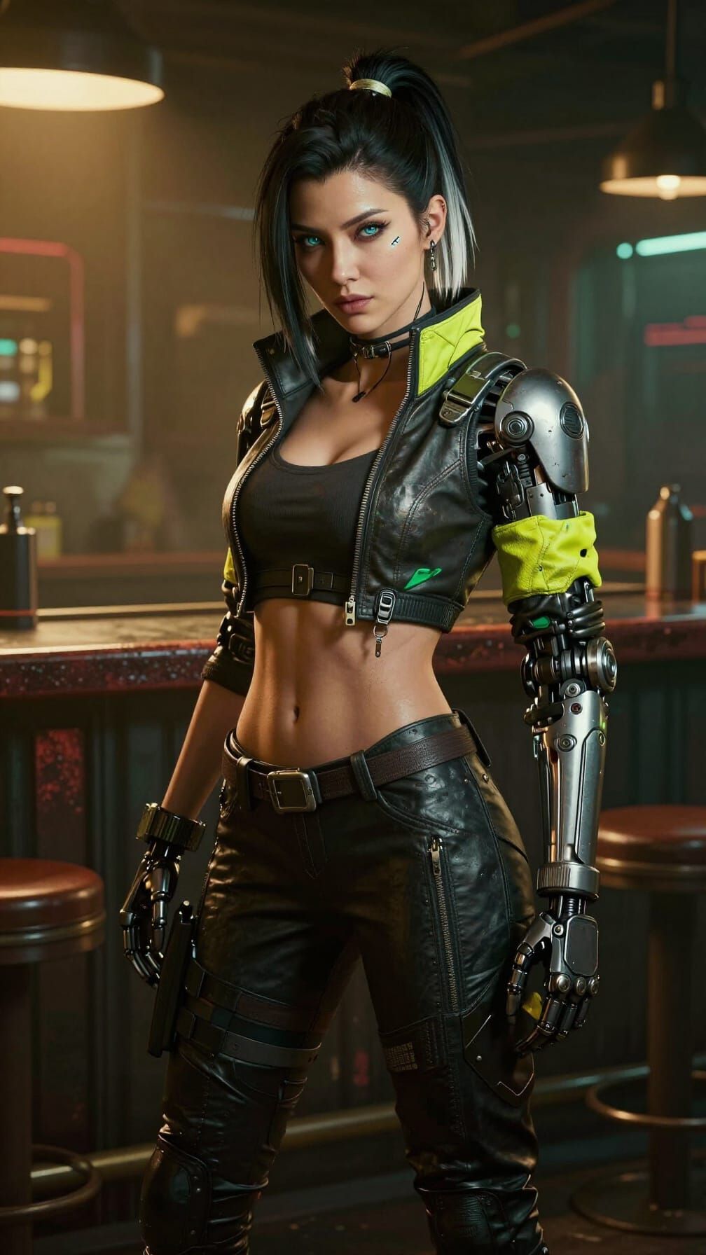 Cyberpunk Woman in Gritty Bar, Neon Accents