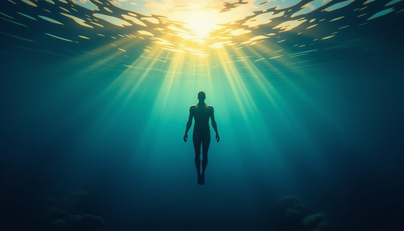 Ethereal Figure Floating in Deep Ocean Under Stormy Surface
