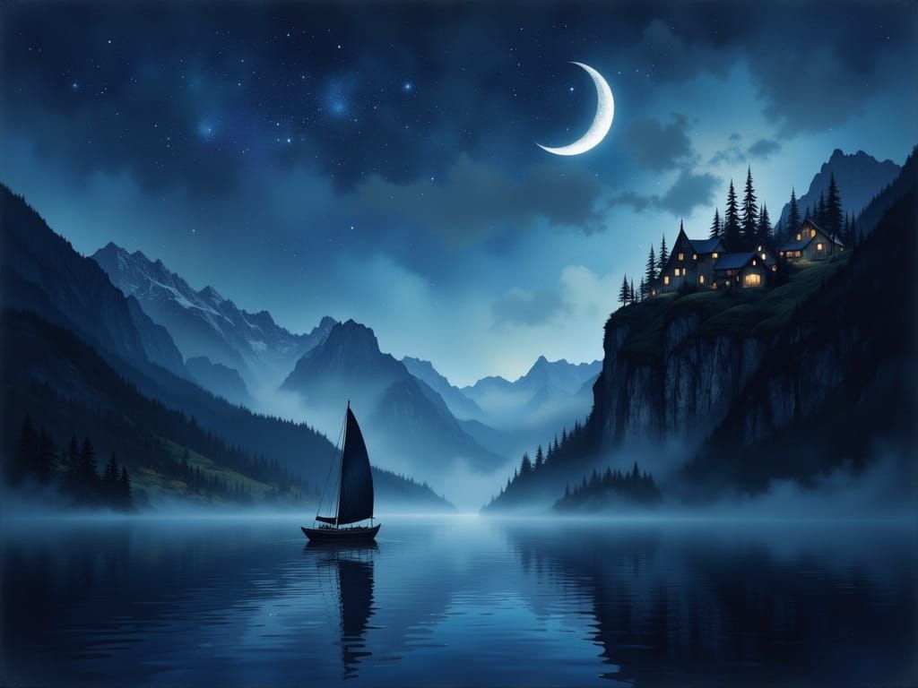 Sailboat on Lake at Midnight in Fantasy Style