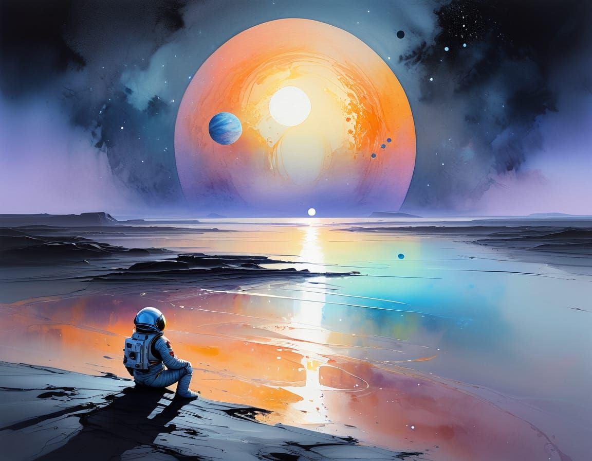 Astronaut Watching Twin Suns Set: Watercolor Fantasy Art