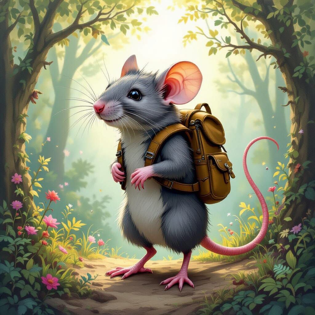 Rat with Bird Legs in Whimsical Forest