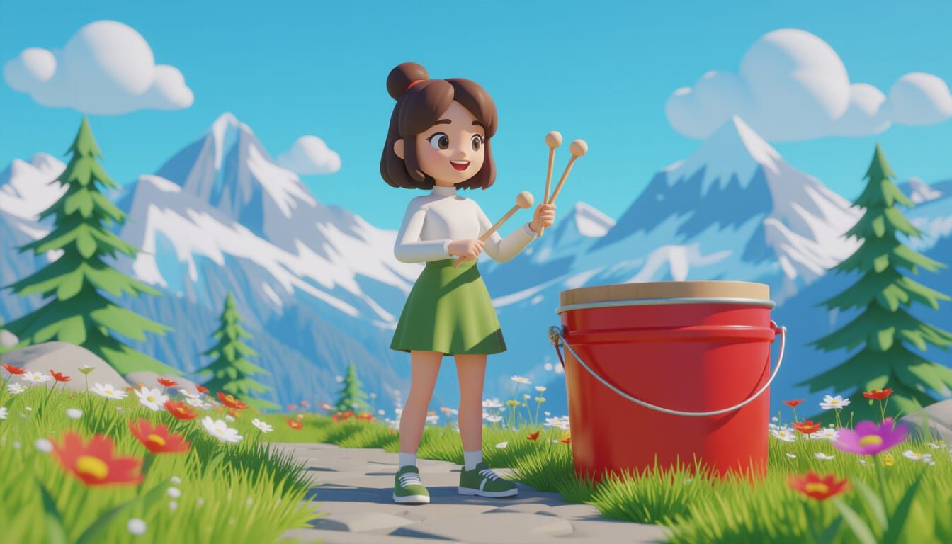 Girl Drumming on Giant Paint Bucket in 3D Cartoon Style