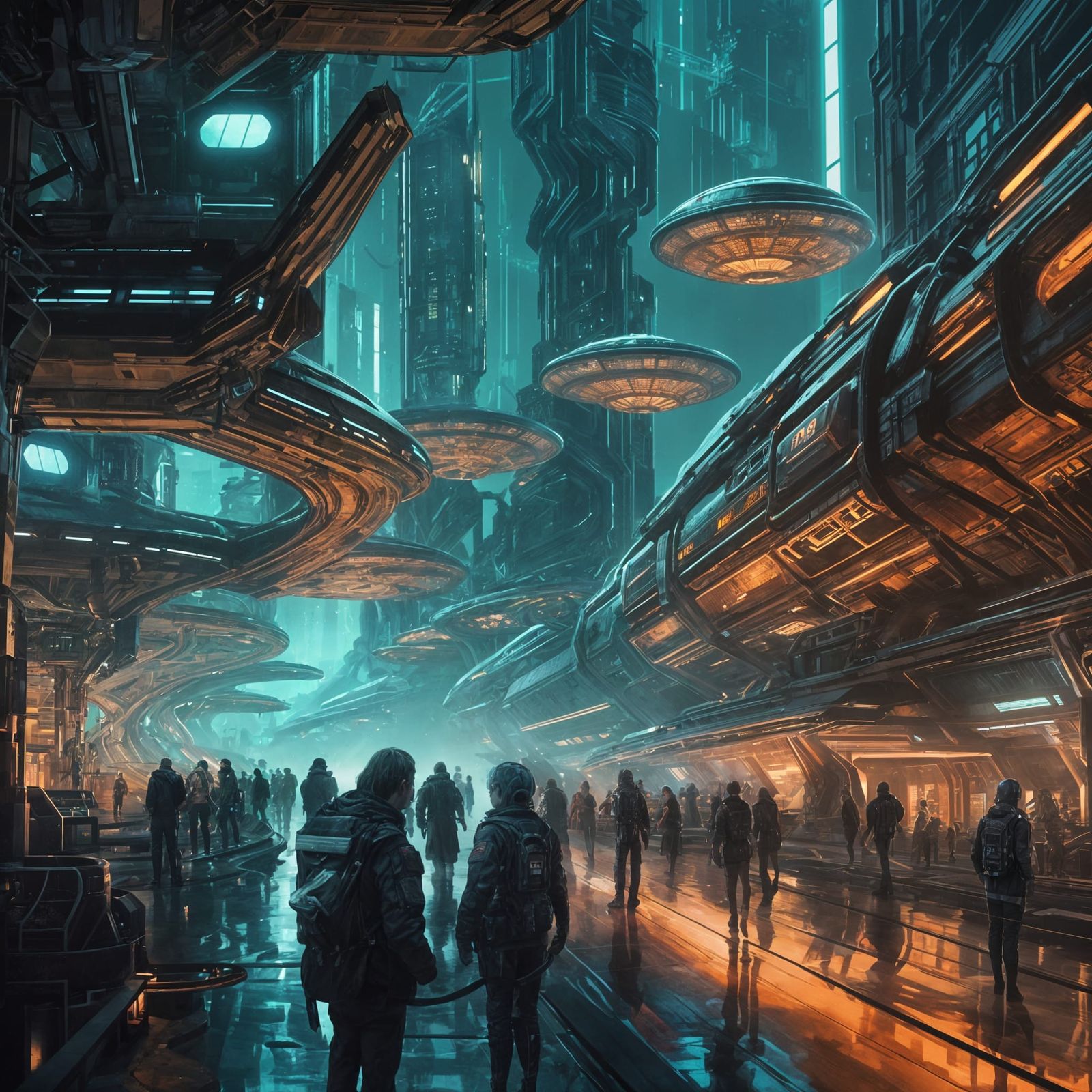Cyberpunk Space Terminal in Futuristic Airport