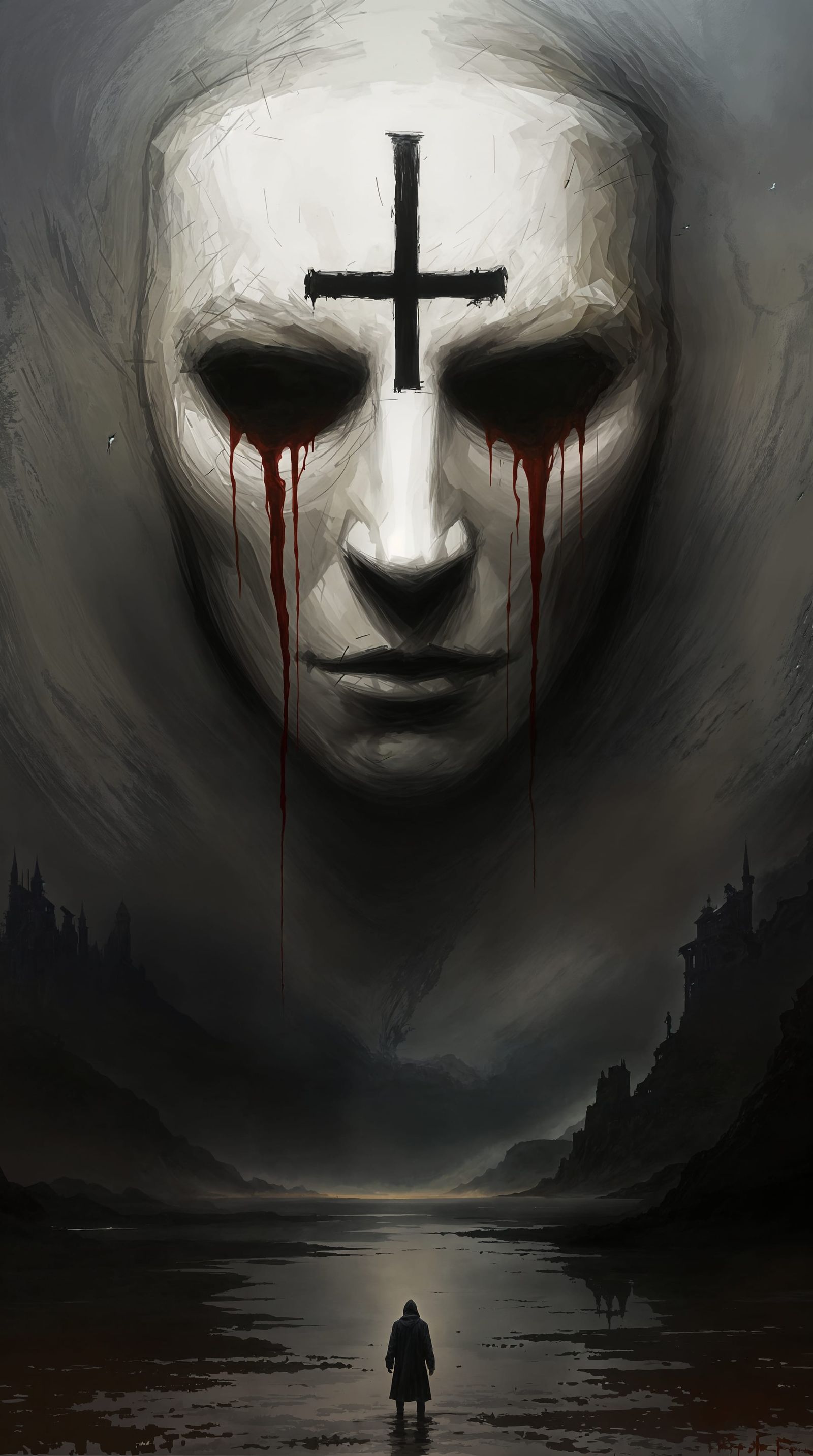 Colossal Mask Looms Over Crimson Landscape