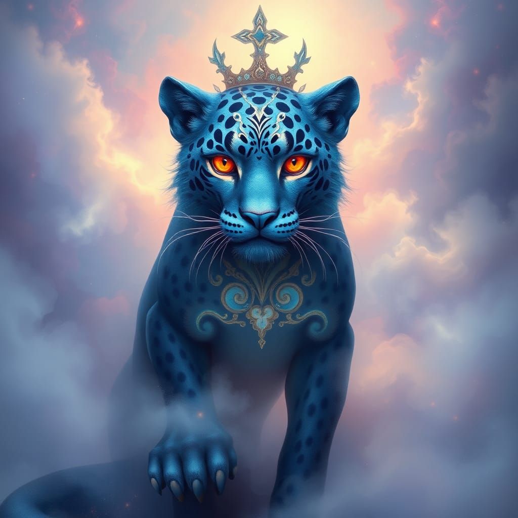 Blue Leopard King in Dreamlike Celestial Landscape