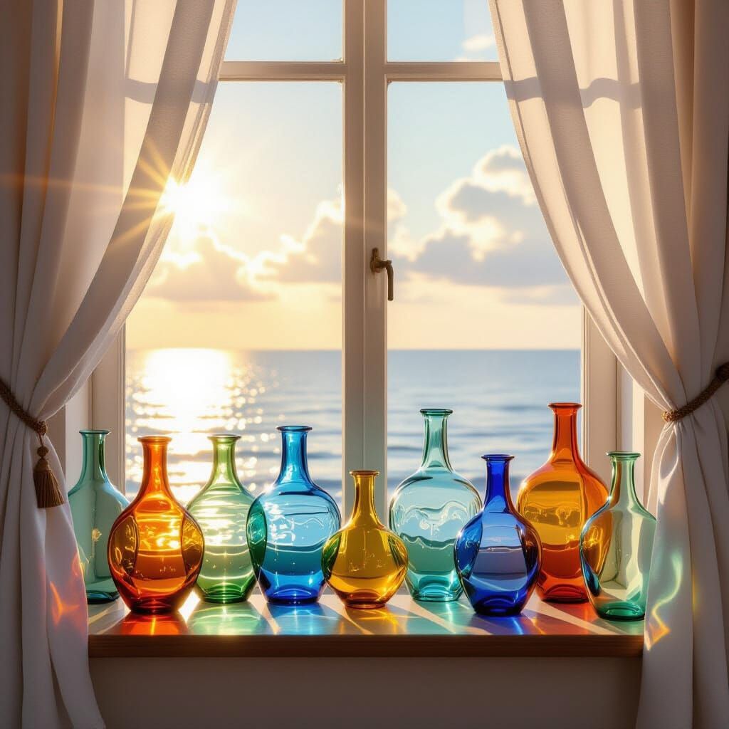 Sunlit Window Sill with Colorful Glassware