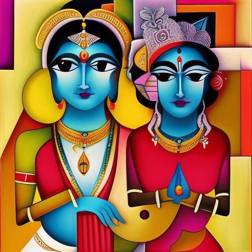 Radha Krishna: Cubist Painting in Geometric Fauvism Style