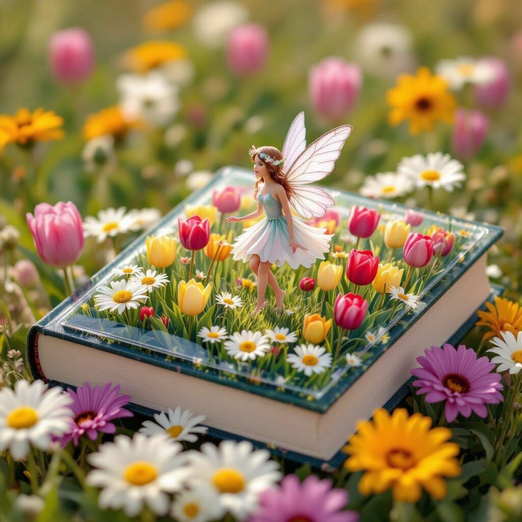 Glass Book Fairy Among Tulips and Daisies