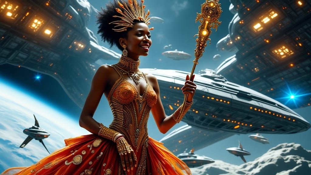 Space Opera Princess with Scepter in Oil Painting Style