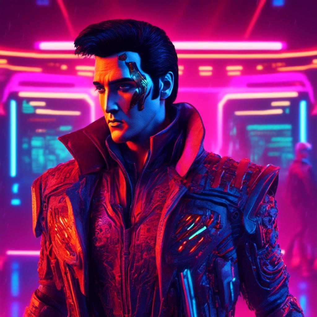 Cyberpunk Elvis Impersonator in Neon Cyberspace
