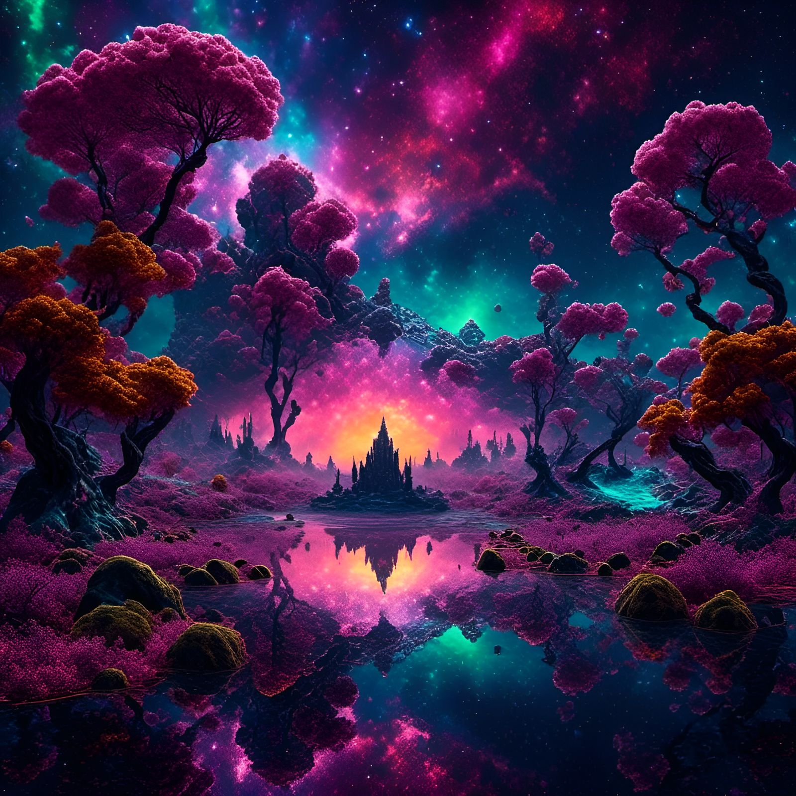 Bioluminescent Nebula Reflected on Barren World