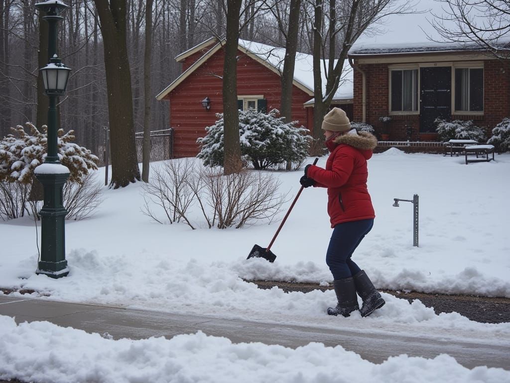 Woman Shoveling Snow in Winter Wonderland