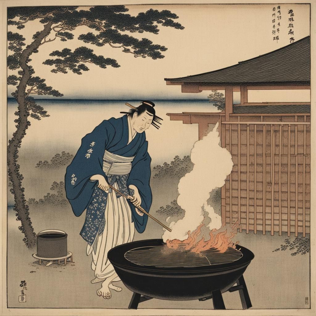 Man Grilling Barbeque in Hokusai Style