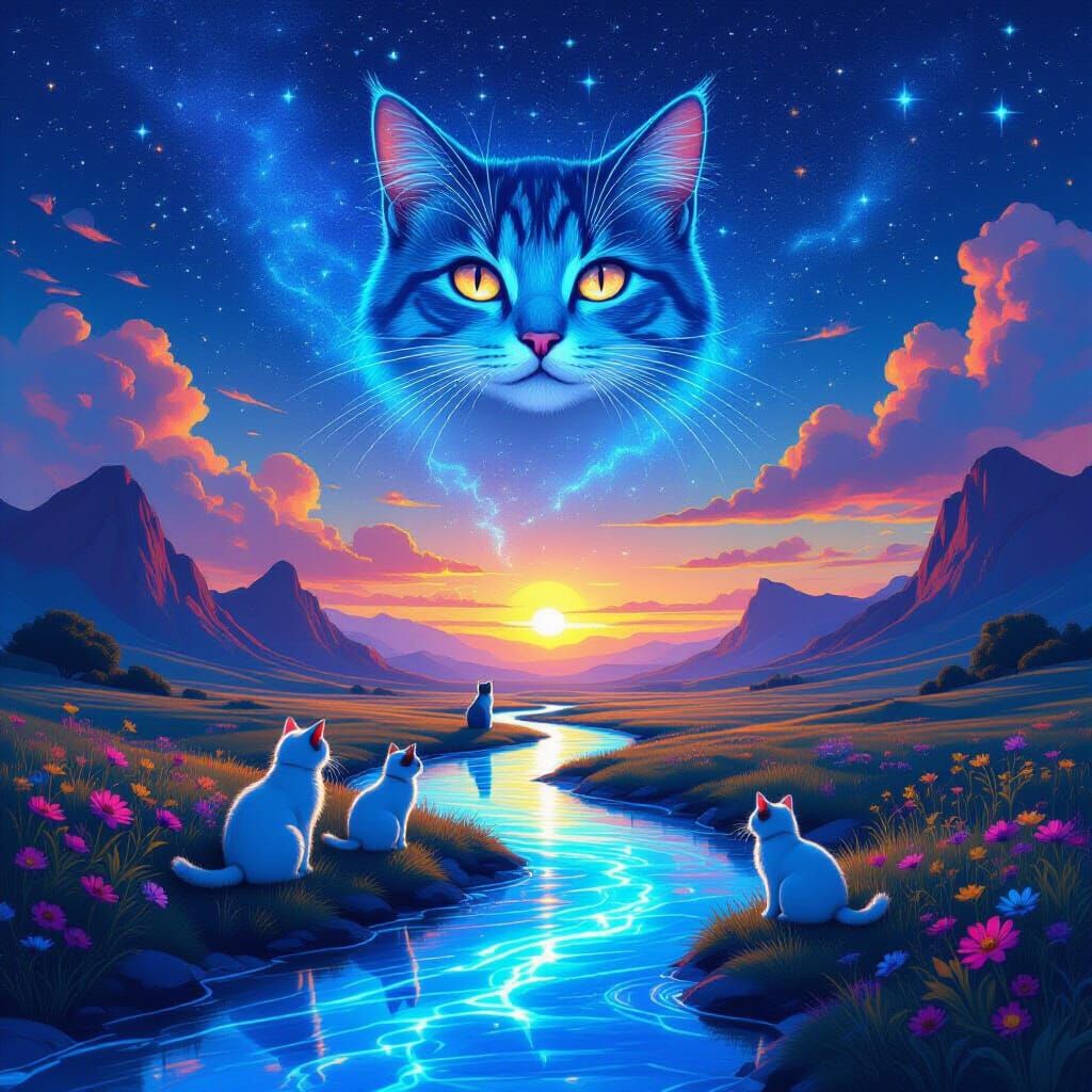 Ethereal Valley of Cats with Neon River