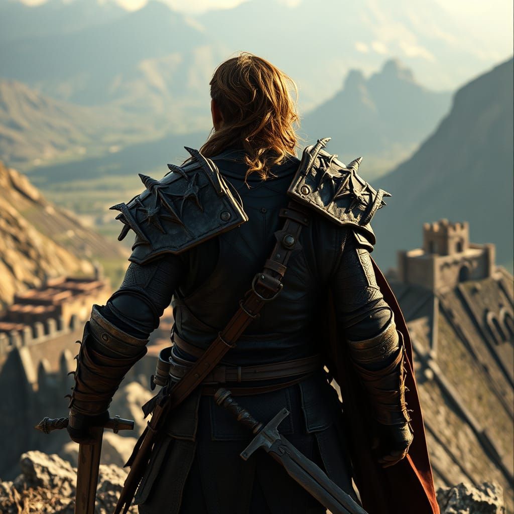 Epic Fantasy Warrior Surveys Ancient Ruins from Windswept Pe...