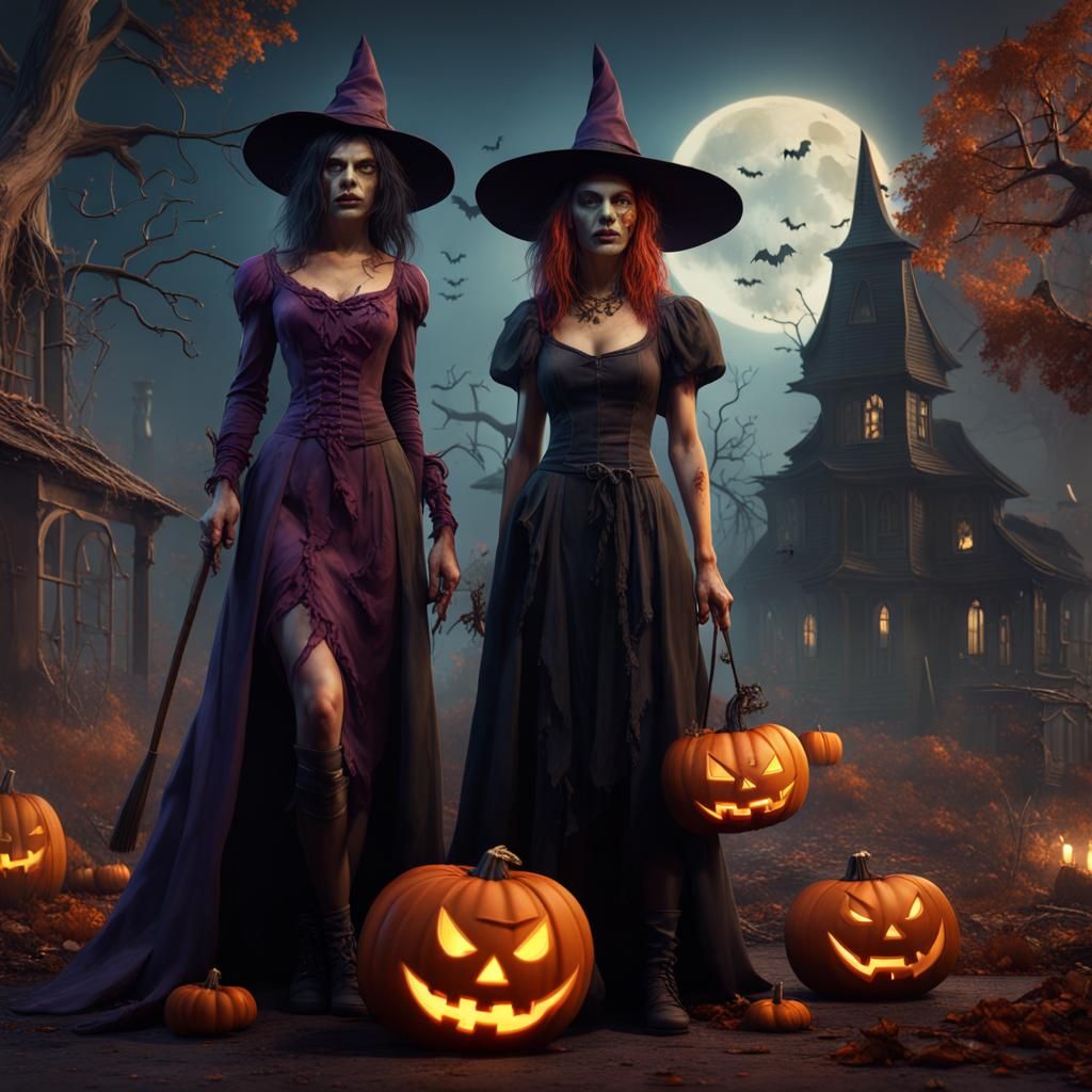 Halloween Witch and Zombie in Detailed Matte Painting