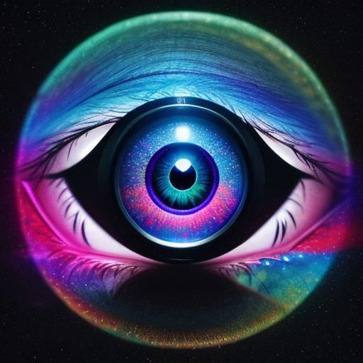 Eye with Camera Lens: Holographic Cosmic Illustration