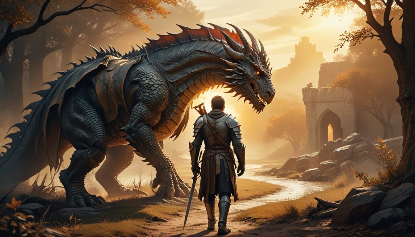 Knight and Dragon Walk Together in Golden Light